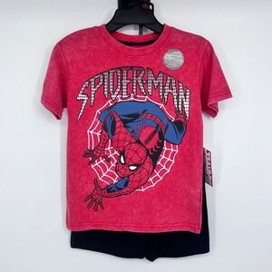 NWT Marvel Spider-Man T-Shirt & Black Shorts Set Boys Size 6 Red Acid Wash